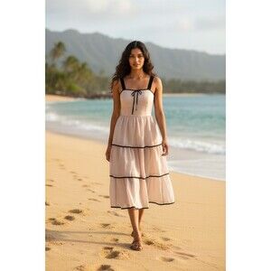 In February Dress Womens M Champagne Shimmer Tiered Midi Fit & Flare Bow Velvet